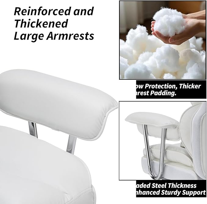 Efomao Big and Tall Office Chair 400lbs – High Back Executive Chair with Swivel Base, PU Leather Upholstery, Lumbar Pillow, Padded Armrests, and Rolling Wheels，White Computer Chair