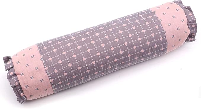 Round Neck Buckwheat Pillow, Neck Support Cervical Pillow for Side and Back Sleepers with Removable Washable Cover (16x4 inch, Grey&Pink)
