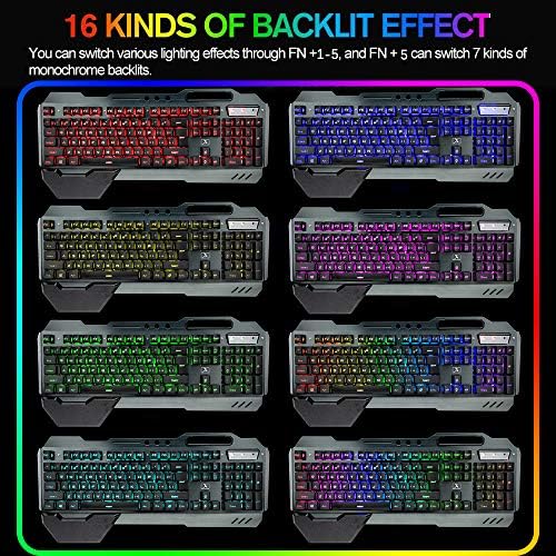 Wireless Gaming Keyboard and Mouse,RGB Backlit Rechargeable Keyboard Mouse with 5000mAh Battery Metal Panel,Removable Hand Rest Mechanical Feel Keyboard and 7 Color Gaming Mute Mouse for PC Gamer