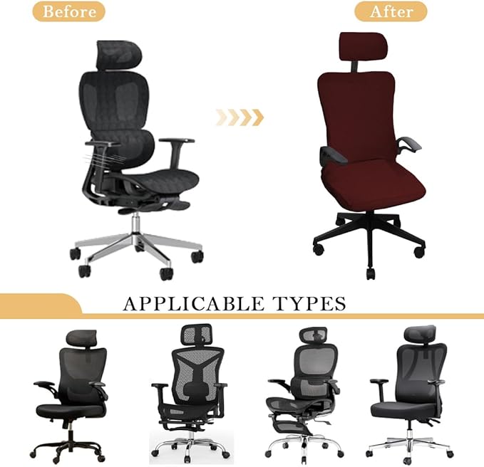Ergonomic Office Chair Covers Set with Headrest Cover Stretch Desk Computer Chair and Headrest Slipcovers Washable Protector Slipcovers for Swivel Computer Chair 4 Pieces Wine Red