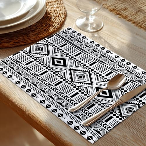 Shrahala White Boho Triangle Set of 6 12 X 18 Inch Linen Placemats, Black Geometric Bohemian Burlap Table Mat Washable Double Layered Heat Insulation for Indoor/Outdoor