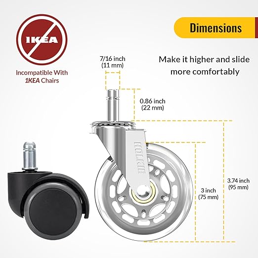 HOLKIE Gaming Chair Wheels - Silent Roller Blade Casters for Esports Rig Replacement - Heavy Duty 11x22mm - Smooth 360° Stealth Glide for Hardwood & Carpet - Set of 5 Silver