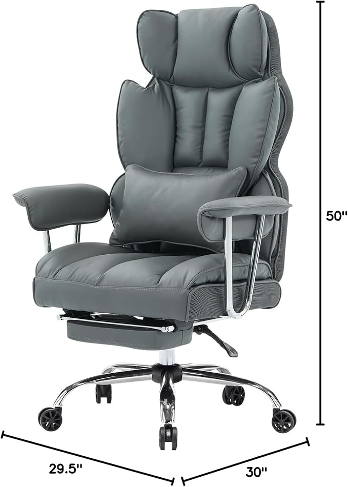 Efomao Big and Tall Office Chair 400lbs – High Back Executive Chair with Swivel Base, PU Leather Upholstery, Lumbar Pillow, Padded Armrests, and Rolling Wheels，Dark Grey Computer Chair