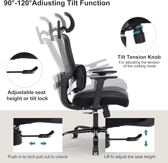 Office Chair Ergonomic Desk Chairs with Adjustable Lumbar Support & Headrest, Mesh High Back Home Office Desk Chairs with Adjustable Height Armrests, Comfy Swivel Task Computer Chair