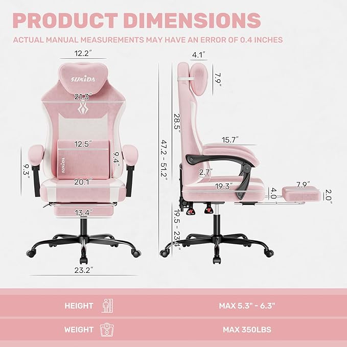 SUKIDA Fabric Video Gaming Chair, Ergonomic High-Back Computer Game Chairs with Large Massage Adjustable Lumbar Support, Headrest and Linked Armrests for Long Hours Sitting Task Chair, Pink