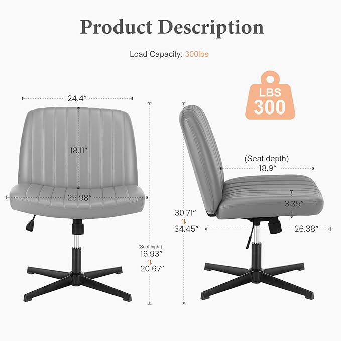 Sweetcrispy Criss Cross Chair Legged, PU Leather Armless Office Swivel Desk Chairs No Wheels, Vanity Height Adjustable Wide Seat Faux Leather Computer Task Chair for Home Bedroom, PU-Grey