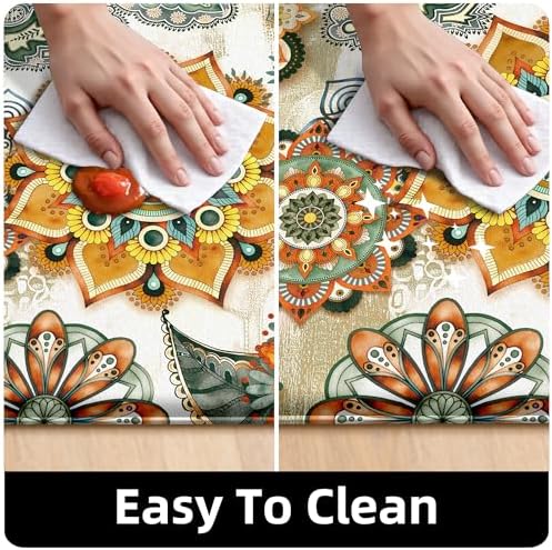 Boho Yellow Floral Kitchen Rugs Mats for Floor 2 Piece Memory Foam Padded Kitchen Mats Anti Fatigue Non Slip Cushioned Comfort Standing Mat, 17.3x28+17.3x47 Inch