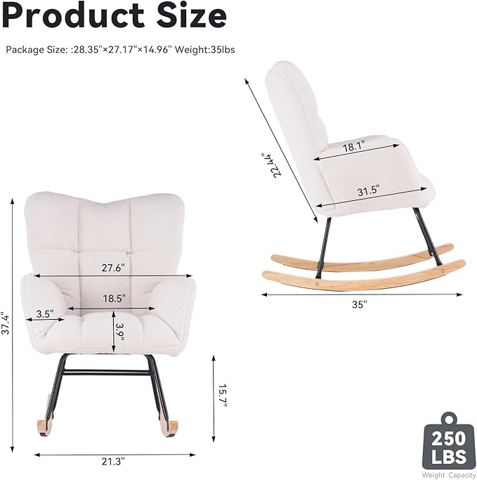 FOXHUNTER Rocking Chair Nursery Teddy Upholstered Glider Rocker High Backrest Nursery Rocker Comfortable Stylish Accent Armchair for Living Rooms Bedrooms Offices (Teddy Ivory)