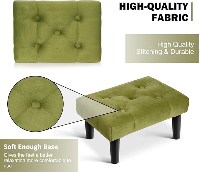 HOUCHICS Small Footstool Ottoman,Velvet Soft Footrest Ottoman with Wood Legs,Sofa Footrest Extra Seating for Living Room Entryway Office(Green 2PACK)