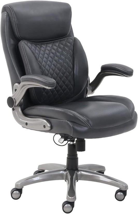 Amazon Basics Ergonomic Executive Office Chair with Adjustable Lumbar Support, Flip-up Arms, Height Adjustable, 360° Rolling Swivel, Computer Desk Chair, Grey Leather