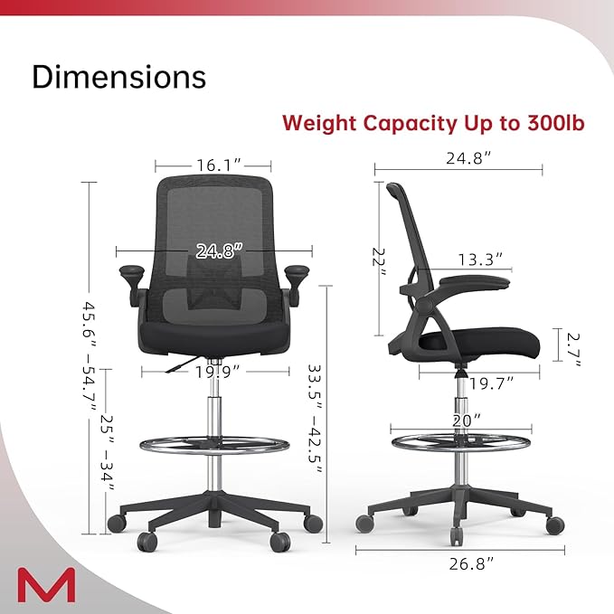 Mesh Drafting Chair, Tall Office Chair with Lumbar Support, Ergonomic Desk Chair with Flip up Armrests, Standing Desk Chair with Adjustable Footrest Ring, Breathable Back, Black
