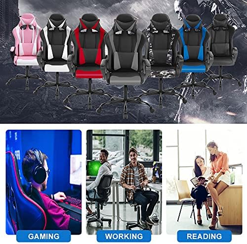 Dkeli PC Gaming Chair Office Chair Racing Desk Chair with Lumbar Support Arms Headrest Massage High Back PU Leather Ergonomic Computer Chair Rolling Adjustable Swivel Chair for Women Men Adult, Grey
