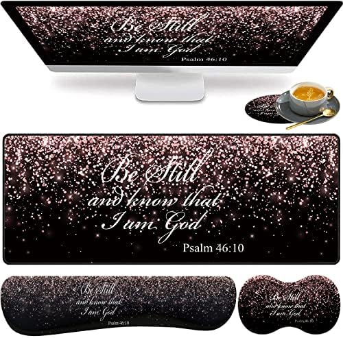 Large Gaming Mouse Pad, Keyboard Wrist Rest pad + Mouse Wrist pad + Coaster Set Extended Waterproof Non-Slip Table mat Suitable for Home Office Learning Games - Rose Gold Glitter Black Psalm46:10