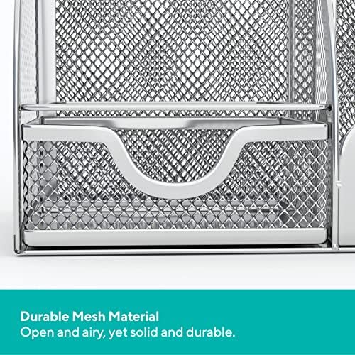 Mindspace Office Desk Organizer with 6 Compartments + Drawer + Pen & Pencil Holder | The Mesh Collection, Silver