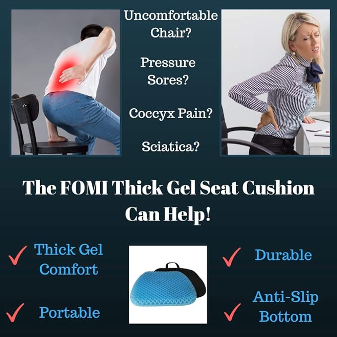 FOMI Thick Premium All Gel Orthopedic Seat Cushion | (16.5" x 18") | Large Comfortable Pad for Car, Office Chair, Wheelchair, or Home | Pressure Sore Relief, Prevents Sweaty Bottom | Portable