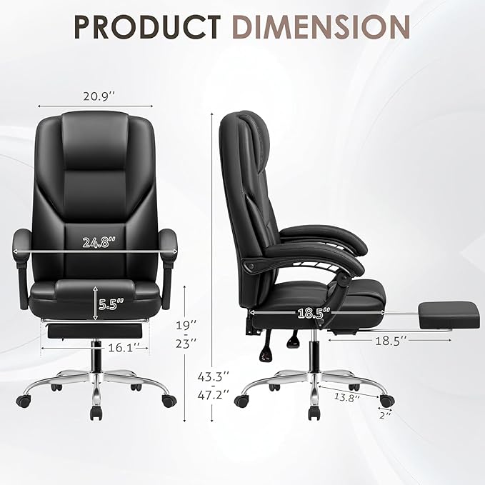 Shahoo Executive Office Chair with Massage, Ergonomic Reclining High Back Leather Seats with Footrest and Lumbar Support, Big and Tall, 400Lbs Heavy Duty, Dark Black