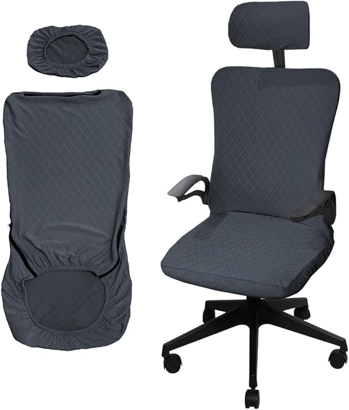 Ergonomic Office Chair Covers Set with Headrest Cover Stretch Desk Computer Chair and Headrest Slipcovers Washable Protector Slipcovers for Swivel Computer Chair 2 Pieces Dark Gray