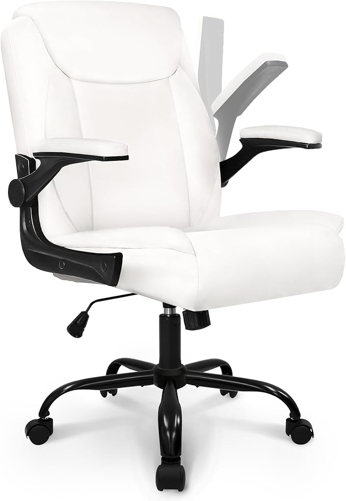 NEO CHAIR Desk Office Gaming Computer Chair Ergonomic Executive Mid-Back Leather with Adjustable Padded Flip-Up Armrests Cushion Wheels Swivel for Home Study Task (White)