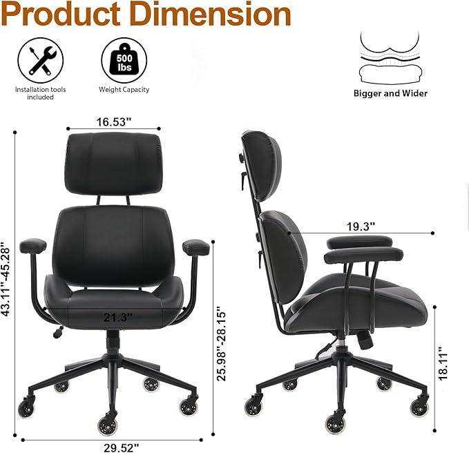 Office Chair, Ergonomic Computer Chair with Adjustable Headrest and Lumbar Support, Executive Leather Chair with Padded Arms, High Back Desk Chairs for Long Hours Sitting, Black