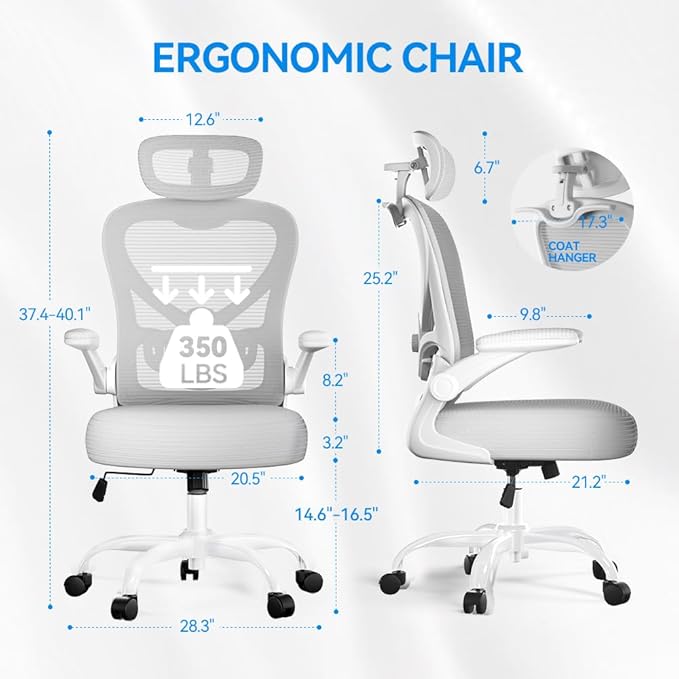 Freepub Ergonomic Office Chair with Headrest 3D, Mesh Office Desk Chair with Adjustable Lumbar Support, Computer Chair with Flip up Armrests, 350LBS Capacity - Design for Home/Offices - Grey