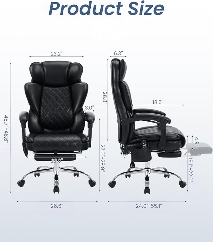 500LBS Massage Office Chair with Foot Rest, 6 Points Vibration and Heat Home Office Desk Chairs, 22.05” Wide Big and Tall Office Chair for Heavy People, Ergonomic Reclining Gaming Chairs, Black