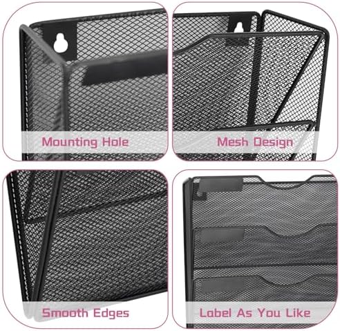 5 Pockets Mesh Wall File Holder Organizer Office Hanging File Folder Magazine Rack, Nametag Label Hooks Set Included (Black)