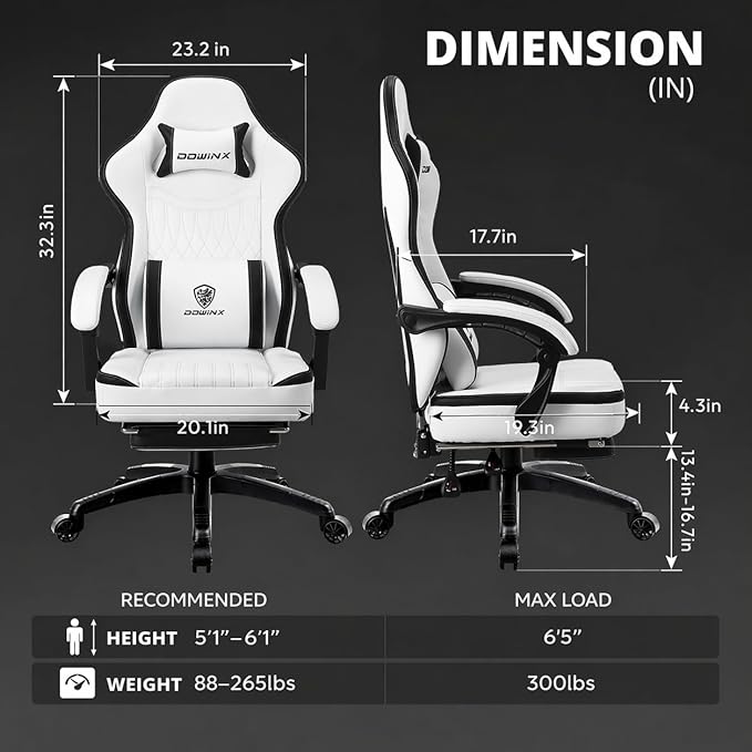 Dowinx Gaming Chair Breathable PU Leather Gamer Chair with Footrest Massage Lumbar Support, Big and Tall Ergonomic Reclining Computer Chair with Pocket Spring Cushion for Adults Teens (Black&White)
