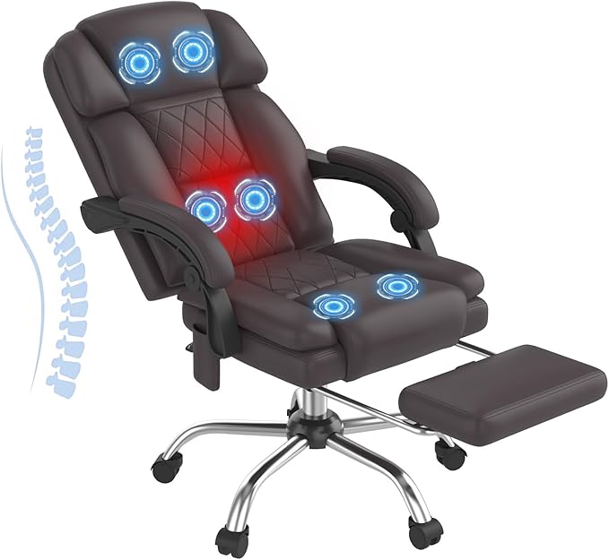 HOMREST 6-Point Massage Office Chair with Heat, Ergonomic Reclining Desk Chair with Footrest, PU Leather Executive Chairs for Home Office, Massaging Computer Chair Gift for Men, Brown