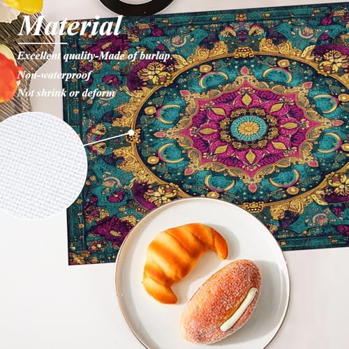 Shrahala Exotic Rich Color Set of 4 12 X 18 Inch Linen Placemats, Ornate Details Swirling Forms Burlap Table Mat Washable Double Layered Heat Insulation for Indoor/Outdoor