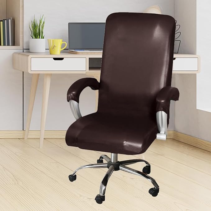 ITFRO Waterproof Office Chair Cover with Armrest Covers Brown PU Leather Computer Desk Chair Cover with Zipper Universal Rotating Gaming Chair Slipcover High Back Chair Seat Protector (Brown)