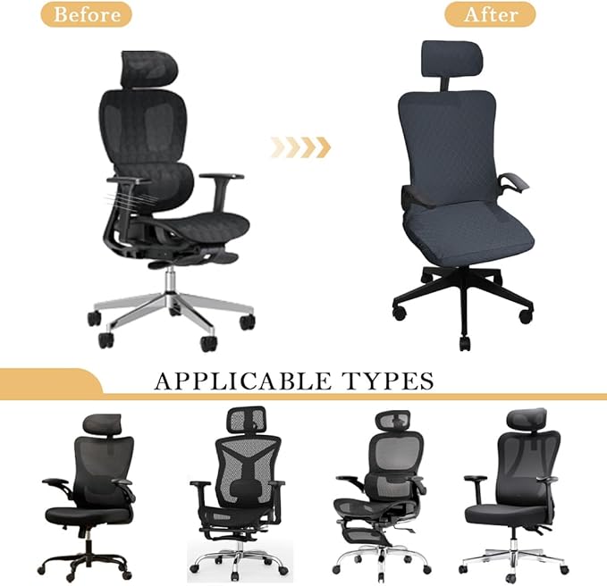 Ergonomic Office Chair Covers Set with Headrest Cover Stretch Desk Computer Chair and Headrest Slipcovers Washable Protector Slipcovers for Swivel Computer Chair 2 Pieces Dark Gray