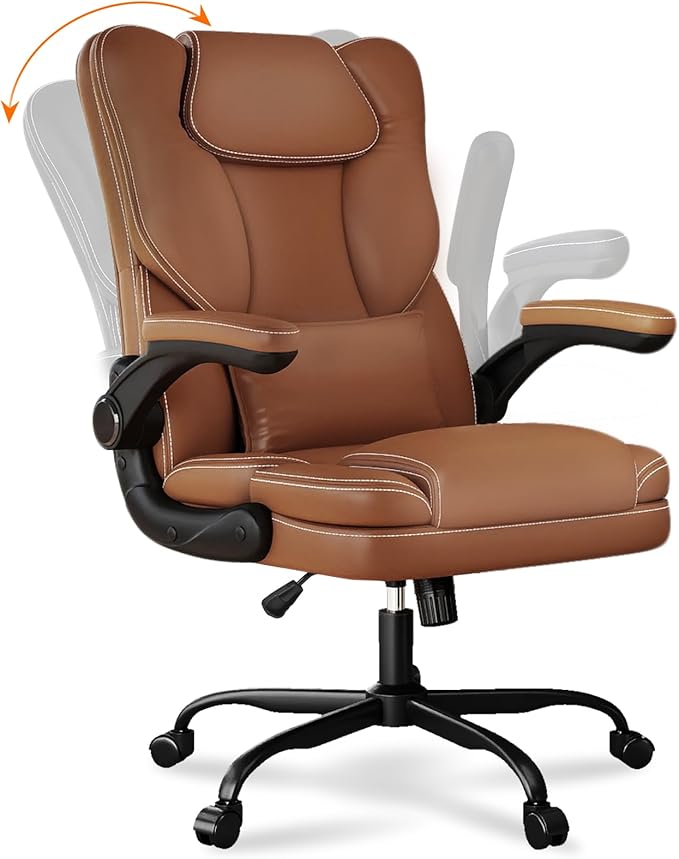 Ergonomic Office Chair with Flip-up Armrests, 300lbs Mid Back Computer Office Desk Chair with Lumbar Support, Executive Leather Chair with Rocking Function Adjustable Height for Home Office