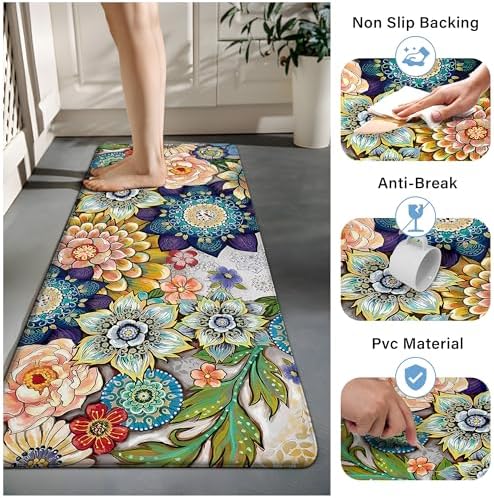 Boho Floral Kitchen Rugs Mats for Floor 2 Piece Cushioned Anti Fatigue Memory Foam Mat Non Slip Standing Desk Padded Comfort Standing Mat, 17.3x28+17.3x47 Inch - 1/2 Inch Thick