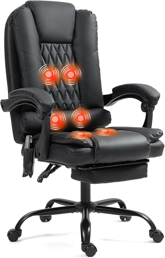 6-Point Heated Massage Office Chair with Footrest, Ergonomic Home Desk Chair with Lumbar Support, Executive High Back PU Leather Computer Chair with Armrest & Reclining, Black