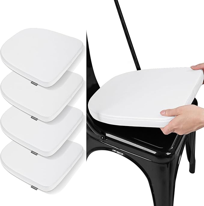 SINOSSO Modern Faux Leather 14" Metal Chair Cushions Set of 4, Leathaire Magnetic Chair Pads for Dining Kitchen Cafe Bistro Stackable Chairs (U-Shape, White, 4)