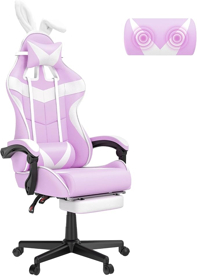 Soontrans Light Purple Gaming Chair with Footrest,Lovely Cute Bunny Computer Gamer Chair,Kawaii Desk Chair for Granddaughter,Sister,Girlfriend,Wife and Love