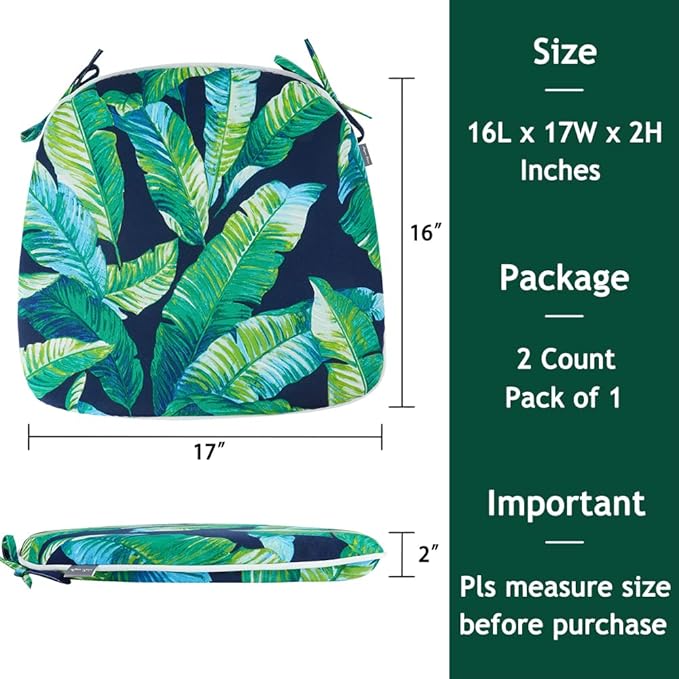 Magpie Fabrics 17"x16"x2" U-Shape Chair Cushions with Ties 2 Count, Outdoor Indoor Waterproof All Weather Seat Pads Decoration for Patio Garden Dining Office - Green Lagoon Leaves