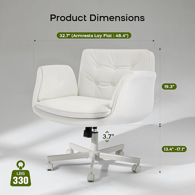 amseatec Criss Cross Office Chair, PU Leather Vanity Chair with 5-Level Adjustable Armrests & Swivel, Ergonomic Criss Cross Chair for Home Office Bedroom Makeup（White）