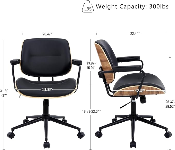 BV BONNE VIE Mid Century Walnut Office Chair with Arms, Adjustable Swivel Desk Chair, Leather Computer Chair with Rolling Wheels for Home Office or Study Room, Black
