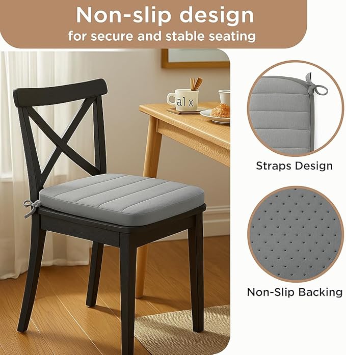 Codi Dining Chair Cushions Set of 4, Indoor Chair Pad for Kitchen and Bar Stool - Washable, Non-Slip Seat Cushion with Ties, 16x17 inch, Grey, 4 Pack