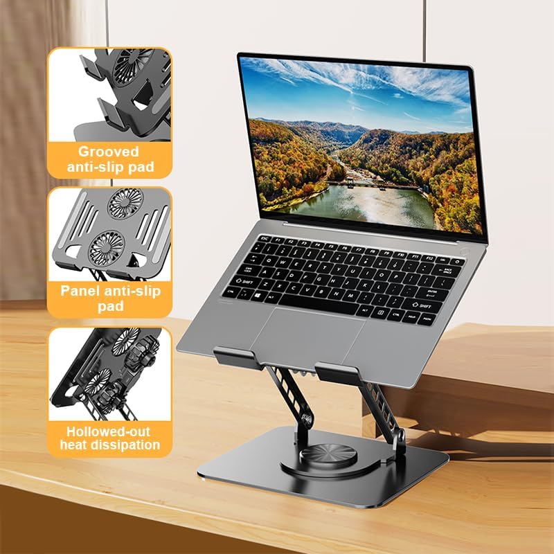 Laptop Cooling Stand with Fan, 360° Rotating Base, Adjustable Height, Portable Notebook Riser for Desk Gaming, Office, Movie Watching & Screen Sharing, Fits Up to 17 Inch Laptops