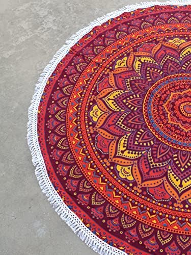 Round Beach Tapestry Turquoise Mandala Throw/Boho Hippie Beach Blanket Roundie/Indian Cotton Bohemian Large Round Table Cloth-Home Decor/Yoga Mat Meditation Picnic Rug (42", Orange)