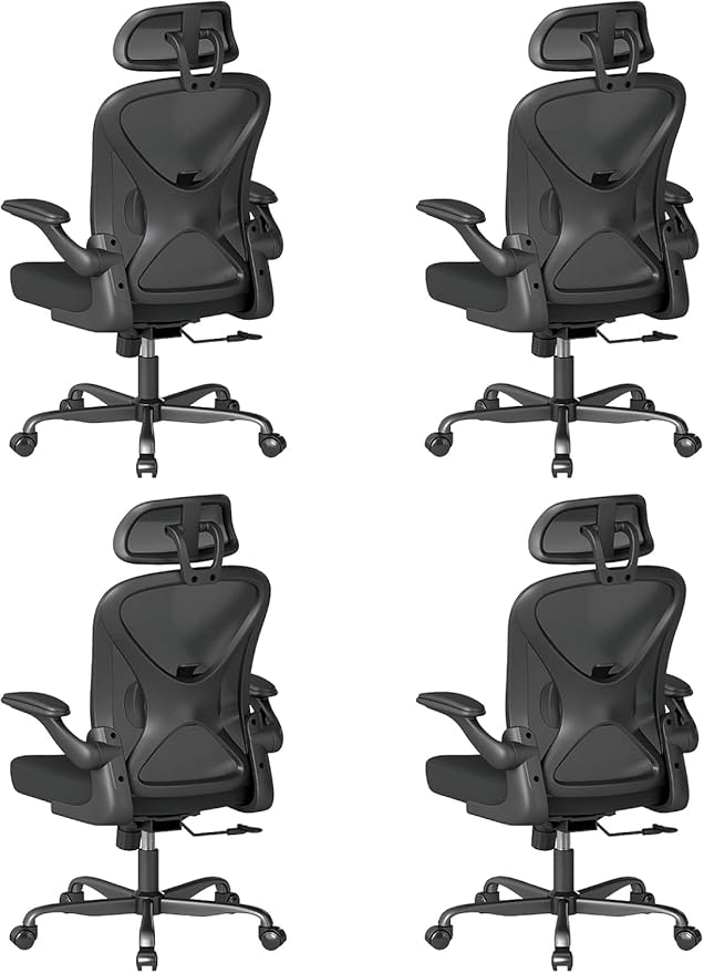Ergonomic Office Chair Set of 4, with Adjustable Lumbar Support, Mesh Fabric Home Office Chair with Headrest, 360° Swivel and Flip-Up Armrests, Black
