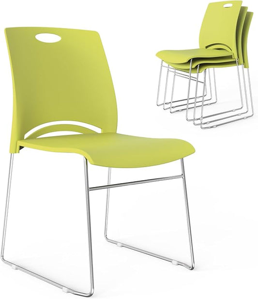 VINGLI Stacking Chairs Set of 4 Stackable Office Chairs with Metal Sled Base, Ergonomic Plastic Seat, Stacking Chairs for Waiting Room Break Room Banquet Guest, Green