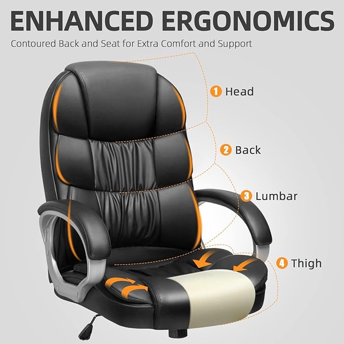 Furmax Leather High Back Office Chair Ergonomic Executive Office Chair Swivel Computer Desk Chair Lumbar Support Soft Cushioned Padded Arms (Ink Black)