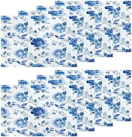 Shrahala Blue Nature Rose Set of 8 12 X 18 Inch Linen Placemats, White Burlap Table Mat Washable Double Layered Heat Insulation for Indoor/Outdoor