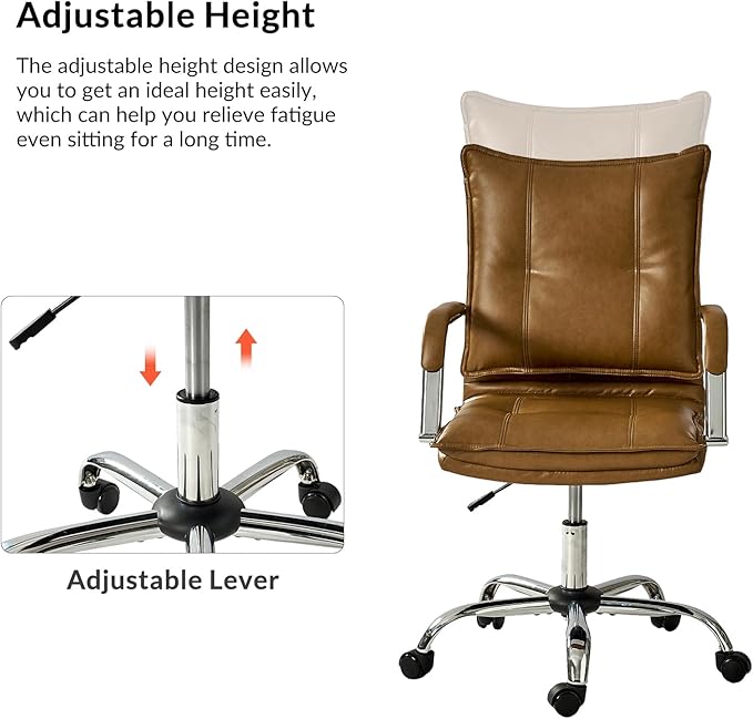 HULALA HOME Faux Leather Home Office Desk Chair, Adjustable Swivel Computer Chair with Sliver Legs and Arms, Comfy Upholstered Task Chair(Camel)
