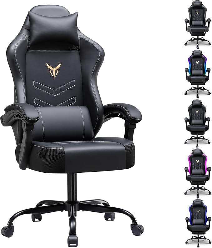 GTPLAYER Gaming Chair, Office Chair High Back Computer Chair for Adults, Leather Desk Chair Executive Ergonomic Height Adjustable with Headrest and Lumbar Support, 300lbs Black