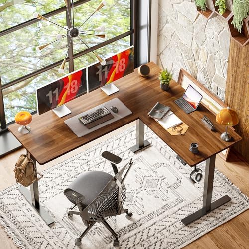 TIQLAB L Shaped Standing Desk Adjustable Height, Electric Corner Standing Desk, 63 x 55 inch Sit Stand Computer Table with Splice Board, Black Walnut