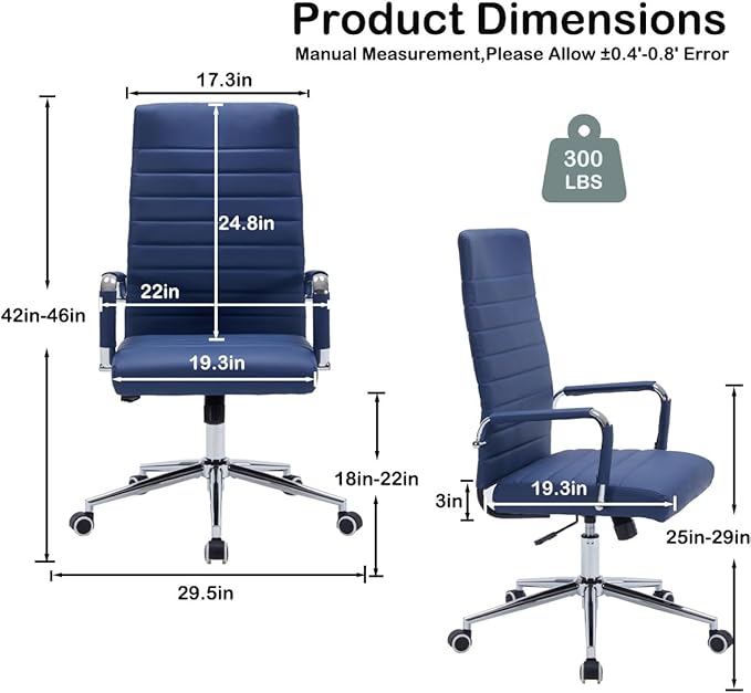 Navy Blue Leather Ribbed Office Desk Chair, Ergonomic High-Back Executive Conference Room Chairs with Wheels, Adjustable Swivel Computer Task Chair with Arms and Thick Padded Seat